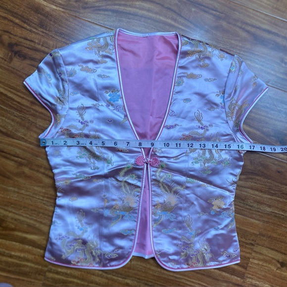 Vintage Women's Blush Pink Floral Dragon Satin Asian Cheongsam Top Size 0 Boho - Picture 8 of 10